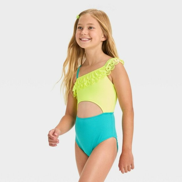 Cat & Jack Girls One-Shoulder Ruffle Swimsuit M (8) Yellow & Green - Picture 7 of 7
